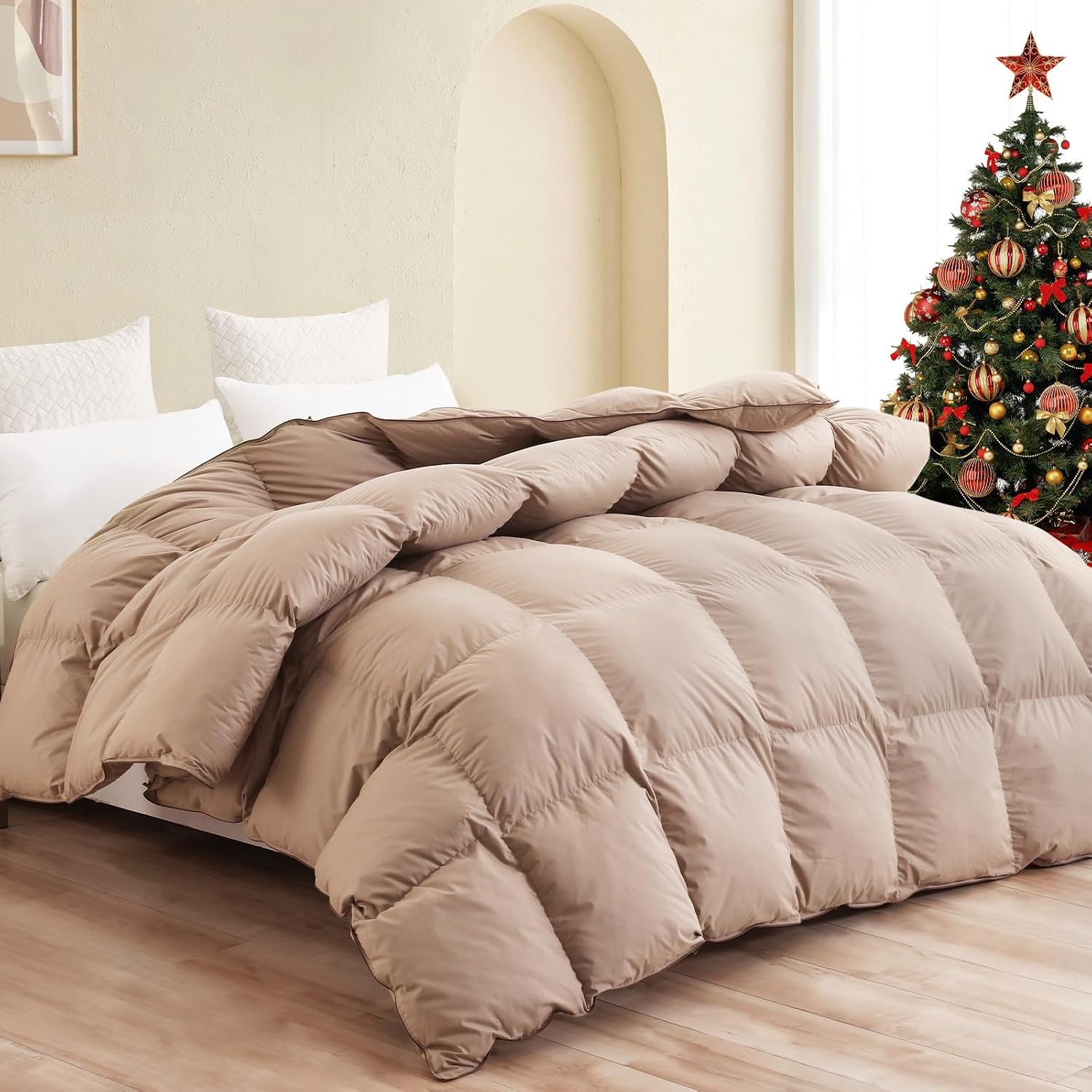 719R0eJUsDL._AC_SL1500_.jpg Premium Down Comforter King Size, Luxurious All Season Duvet Insert with Cotton Blended Fabric, 44oz Fill Weight 3D Baffle Box Design Hotel Bedding Comforter (Khaki,106"x90") - Image 1