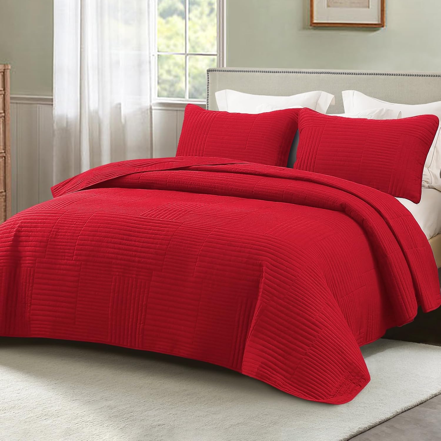 71PQtZdng9L._AC_SL1500_.jpg Ultra Soft Queen Quilt Bedding Set, Lightweight Microfiber Red Quilts Bedspreads Full Size, 3 Piece Ultrasonic Geometric Coverlet Bed Cover for All Seasons - Image 1