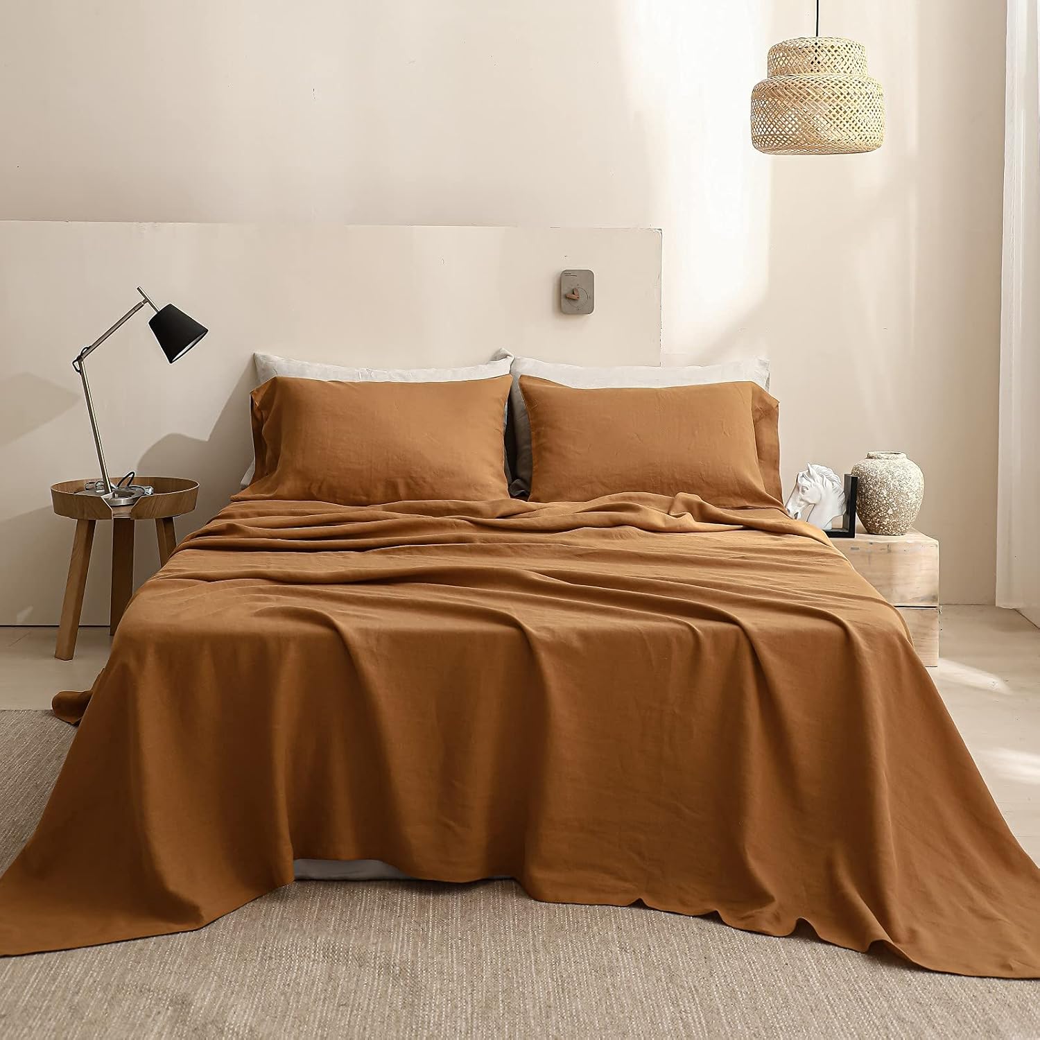 71SQGWhl1tS._AC_SL1500_.jpg 100% Linen Sheet Set 4pcs Basic Style, Deep Pocket, Natural Washed Flax Solid Color Soft Breathable Bed Sheets - Rust, Queen - Image 1