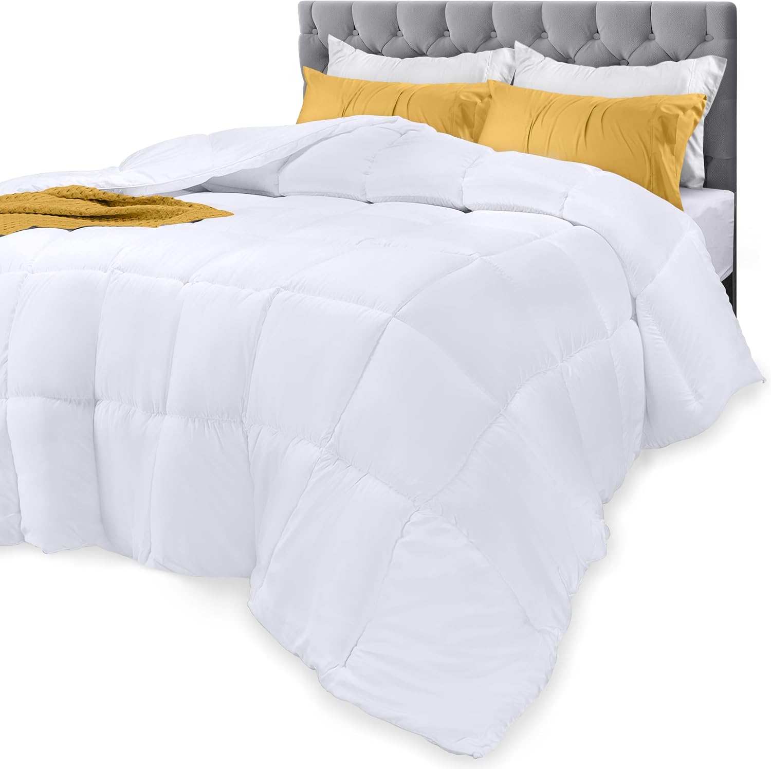 71SzqT-Oz7L._AC_SL1500_-1.jpg Comforters Size, All Season Duvet Insert, Down Alternative Box Stihed Bed Comforter with Corner Tabs, Machine Washable (White) - Image 1
