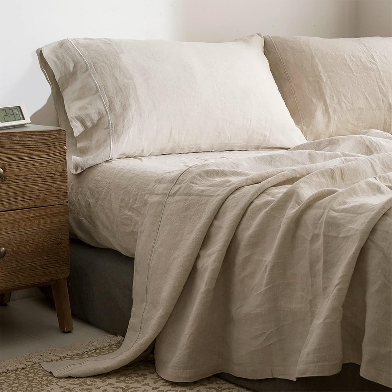 71W8yHjWPcL._AC_SL1500_.jpg 100% Linen Sheet Set with Embroidery Washed - 4 Pieces (1 Flat Sheet & 1 Fitted Sheet & 2 Pillowcases) Natural Flax Soft Bedding Breathable Farmhouse - Linen, Queen Size - Image 1