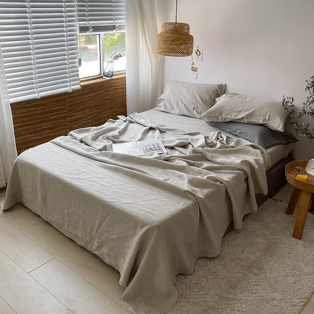 71cPSlFcEHS._AC_SL1000_.jpg Washed Linen Bed Sheet Set Basic Style 4 Pieces (1 Flat Sheet & 1 Fitted Sheet & 2 Pillowcases) 100% Natural French Flax Soft Breathable Farmhouse Bedding (Queen, Linen) - Image 1