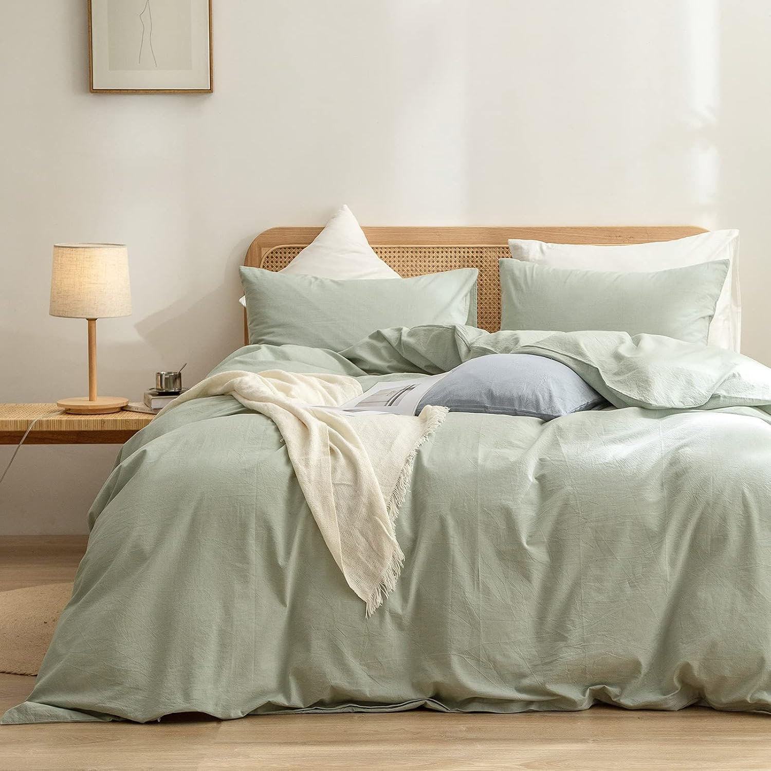 71mNFo5zdjL._AC_SL1500_.jpg Duvet Cover Set 100% Washed Cotton Linen Feel Super Soft Comfortable Chic Lightweight 3 PCs Home Bedding Set Sage Green Queen - Image 1