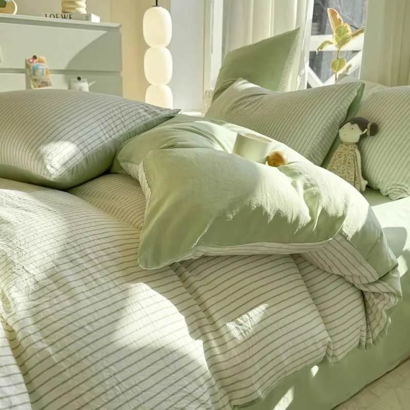 739262e0-089e-48bb-8bd8-78691abaaedb.webp Pure Cotton Home Textile Striped Bedding Set Simple Soft Duvet Cover Sheet case Ins Style Bed Linens Queen King Size - Image 1