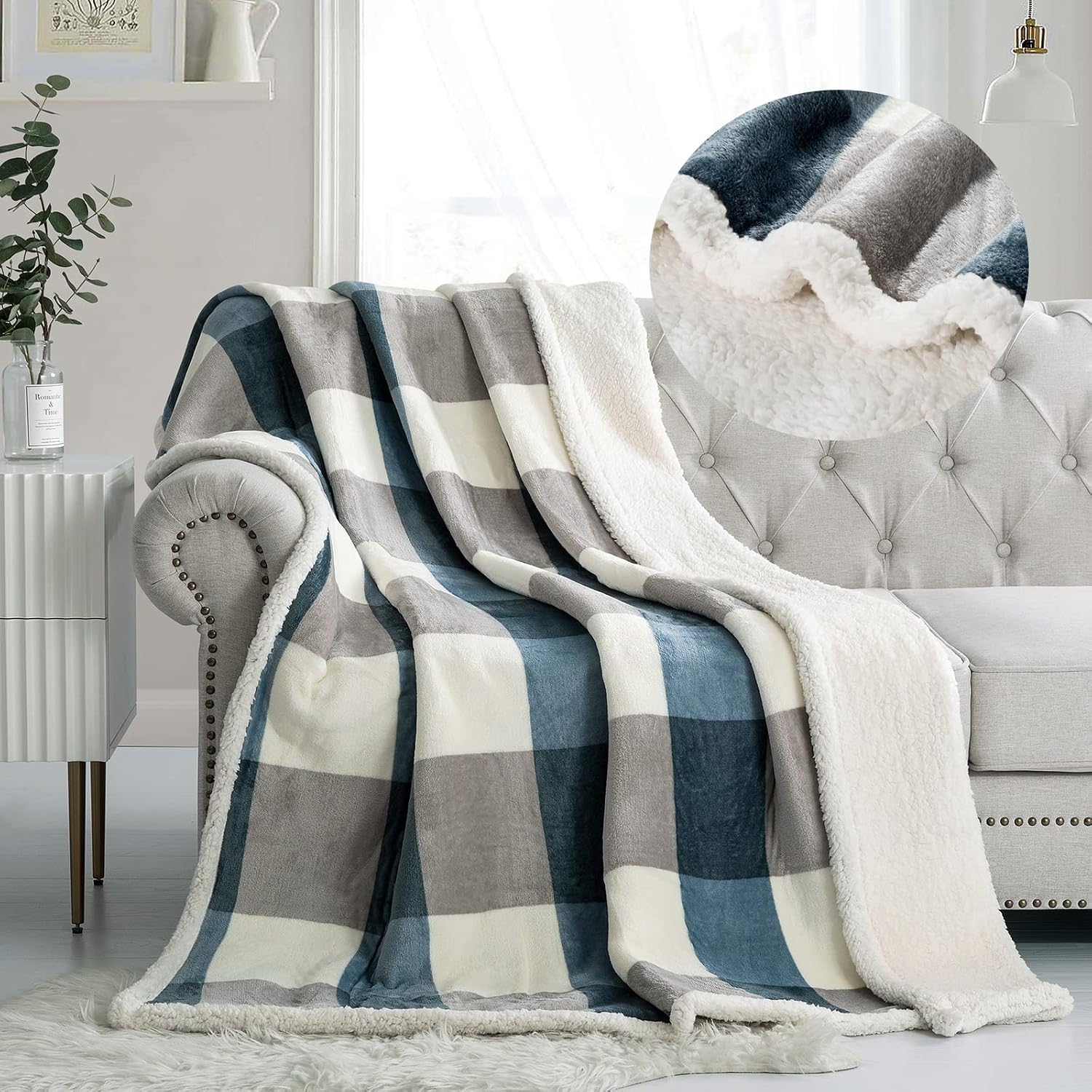 81-S45p1I5L._AC_SL1500_.jpg Fleece Throw Blanket 60" x 80" Reversible Plush Fluffy Large Big Blanket Lattice Flannel Blankets for Sofa Couch Bed (Grey-Soft Blue, 60"*80") - Image 1