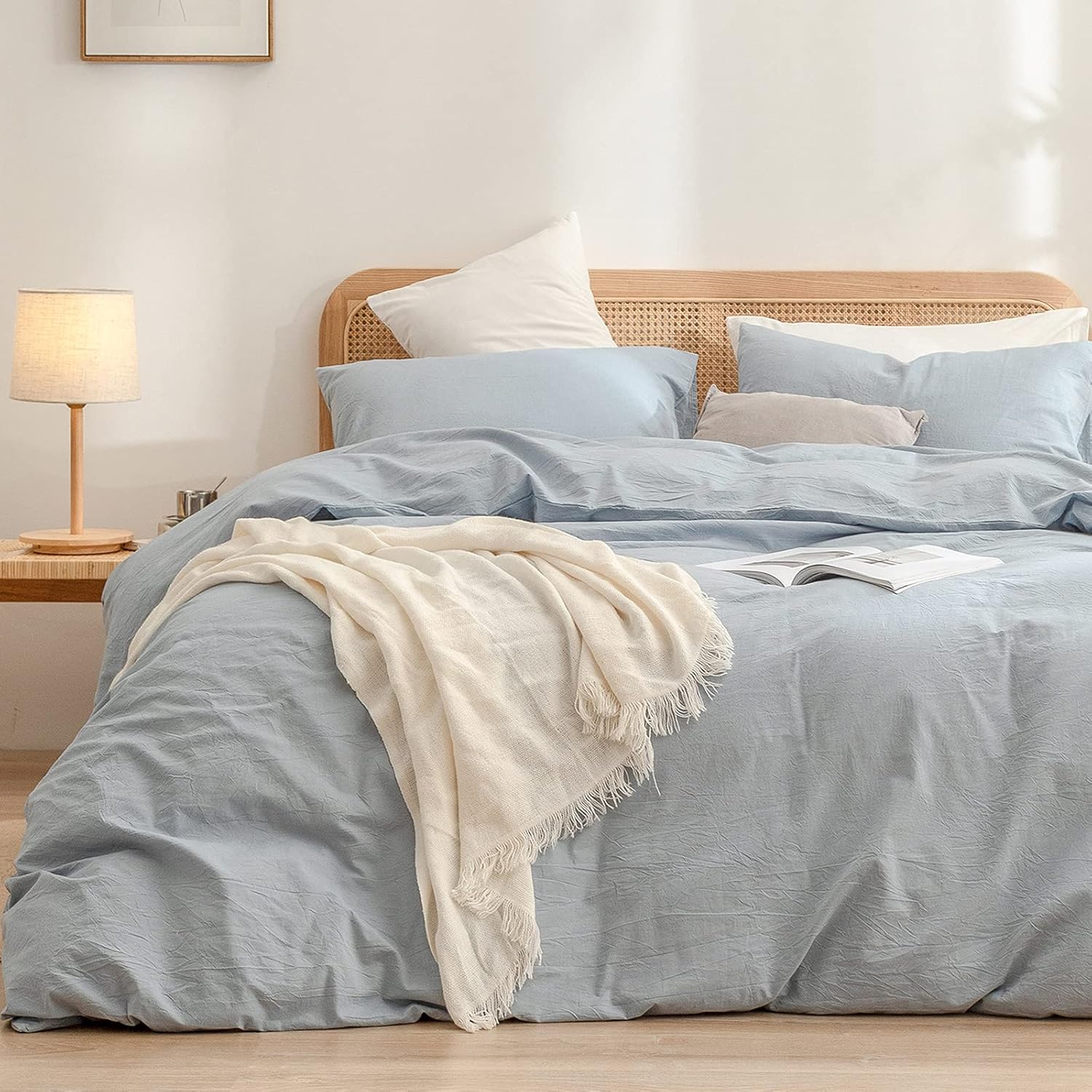 815YXaoy1oL._AC_SL1500_.jpg Duvet Cover Set 100% Washed Cotton Linen Feel Super Soft Comfortable Chic Lightweight 3 PCs Home Bedding Set Cornflower Blue Queen - Image 1