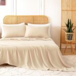 Queen Sheet Set 100% Cotton Bed Sheets Linen Like Textured 4 Pcs Beige Summer Sheets 16" Deep Pocket Sheet & Pillowcase  Muslin Breathable Soft Queen Sheets Easy Care