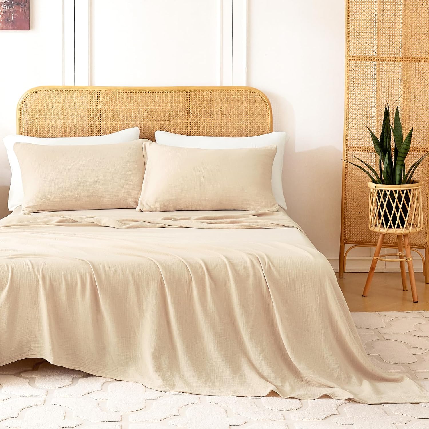 818JMtaKp7L._AC_SL1500_.jpg Queen Sheet Set 100% Cotton Bed Sheets Linen Like Textured 4 Pcs Beige Summer Sheets 16" Deep Pocket Sheet & Pillowcase Muslin Breathable Soft Queen Sheets Easy Care - Image 1