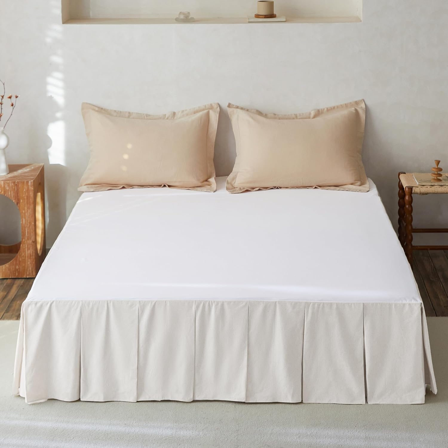 819NRIaGVAL._AC_SL1500_.jpg Linen Pleated Bed Skirt, 14" Tailored Draped Natural Linen-Cotton Blend Basic Dust Border Soft Comfort Farmhouse Bedding (14" , White) - Image 1