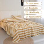 100% Organic Linen Sheets Set Queen Size 4pcs,Yellow Stripe Yarn Dyed Pattern Farmhouse Bedding Set, Natural Stone Washed Flax Bed Sheets - Image 2