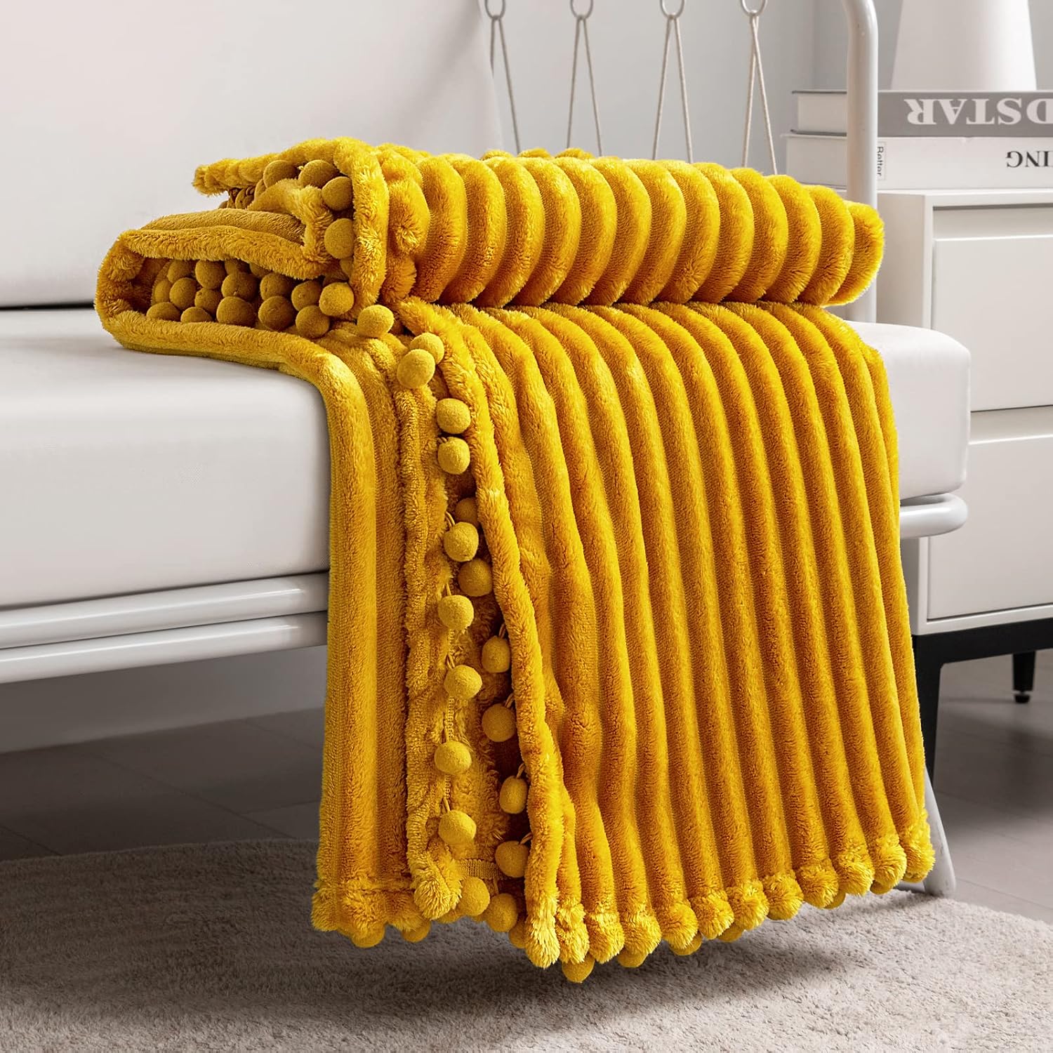 81IKim5nZiL._AC_SL1500_.jpg Fleece Blanket Throw Size – 51x63, Yellow Soft, Plush, Fluffy, Fuzzy, Warm, Cozy Perfect for Couch, Bed, Sofa - with Pompom Fringe Flannel - Image 1