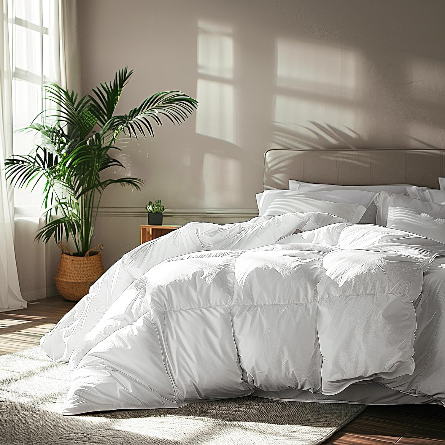 81Wv8swJcOL._AC_SL1500_.jpg Goose Feather Down Fiber Cotton Comforter Size - 100% Cotton Duvet Insert - Hotel Luxury Hypoallergenic Bedding Comforter All Season Medium Warmth 90 x 90 Inch White - Image 1