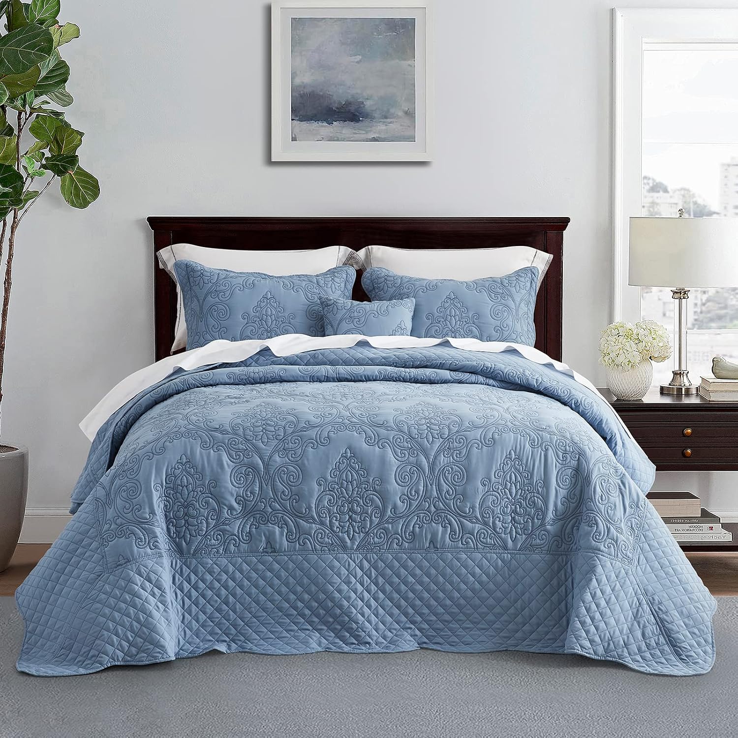 81h8NxaHlEL._AC_SL1500_.jpg Oversized Bedspread Coverlet Set King Size - Lightweight Bedding Cover - Beautiful Stitching - 4 Piece Reversible Bedspread - Luxury Damask Paisley Pattern (King, Ashley Blue) - Image 1