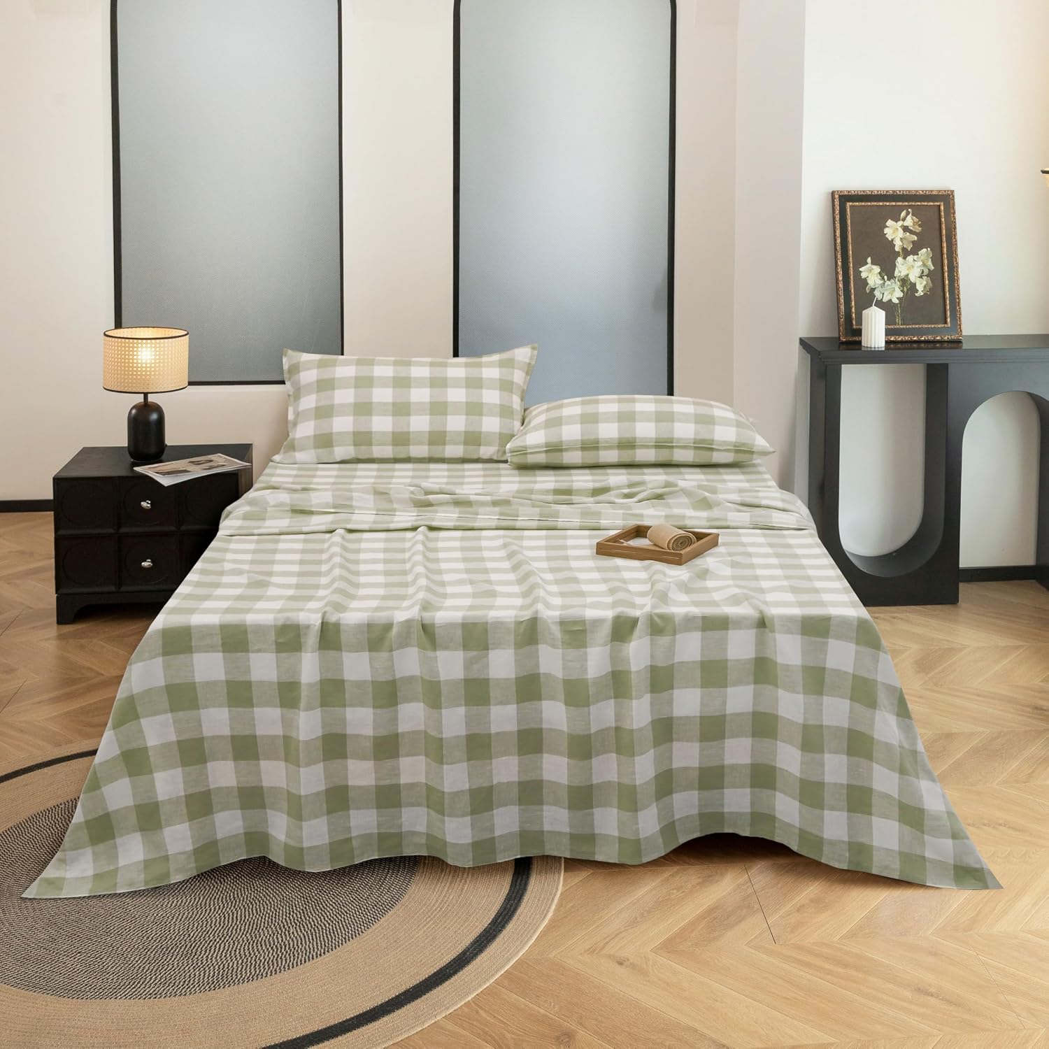 91D6Wzp4-xL._AC_SL1500_.jpg Linen Sheets Set Queen Size,100% Stonewash Pure Linen Sheets Set,4Pieces (1Flat Sheet,1Fitted Sheet,2Pillowcase) Suitable for Hot Sleepers,Deep Pocket Natural Bedding Set-Green Plaid - Image 1