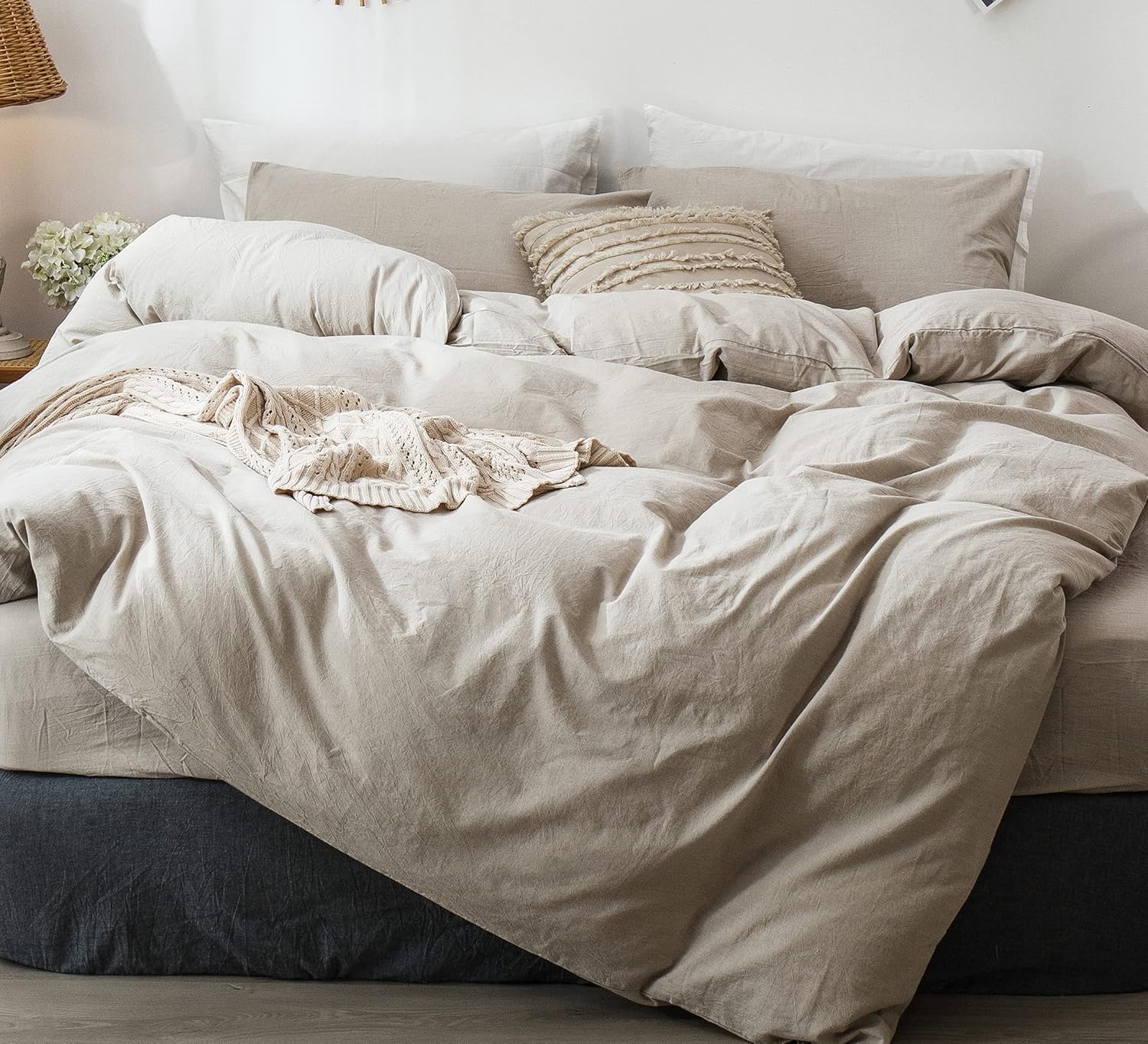 91OykGwVwuL._AC_SL1500_.jpg Bedding Duvet Cover Set 100% Washed Cotton Linen Like Textured Breathable Durable Soft Comfy (Tannish Linen Grey, King) - Image 1