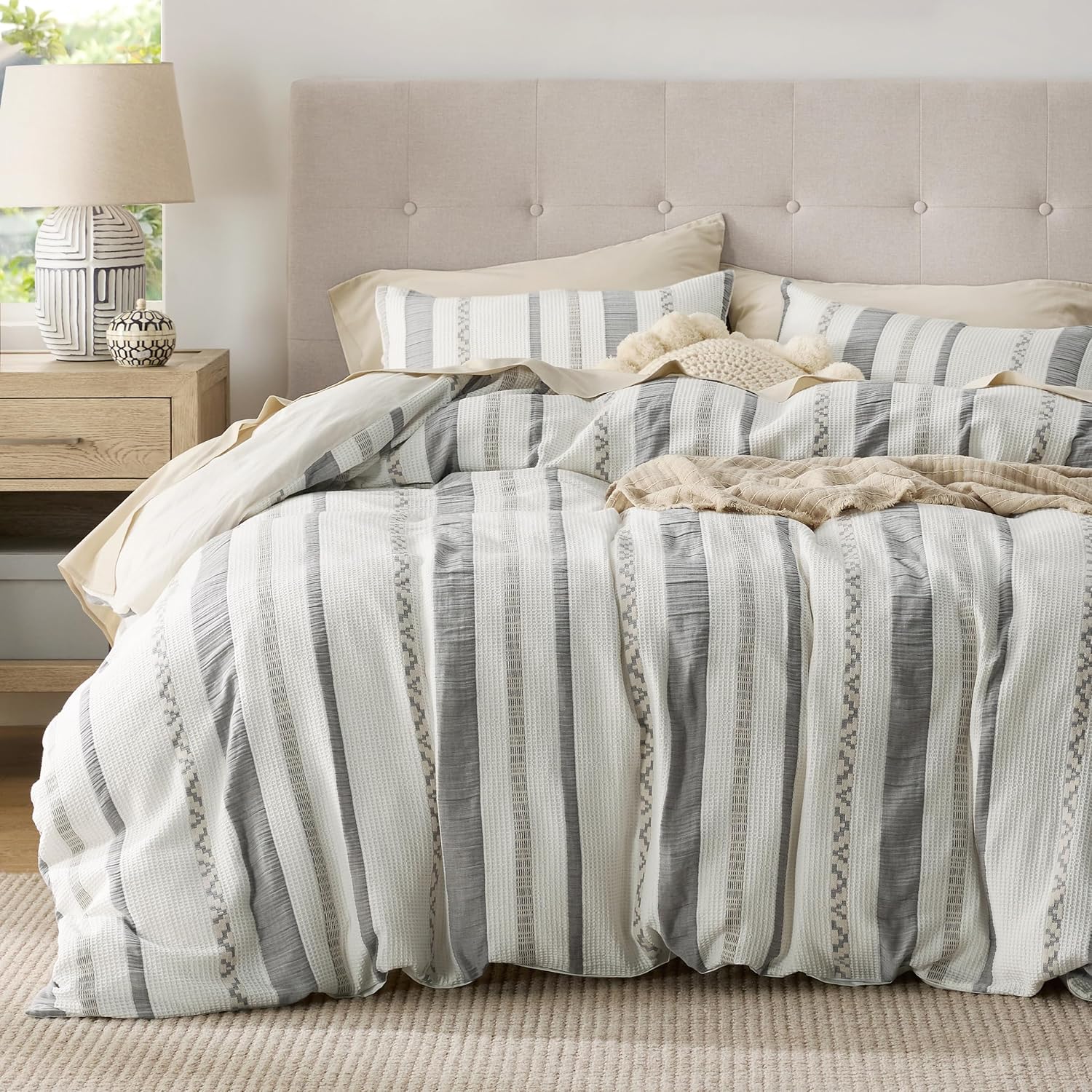 91W9DterWWL._AC_SL1500_.jpg Weave Duvet Cover King - 100% Cotton Duvet Cover with 2 Pillowcases - Cream White Textured Comforter Cover with Zipper Closure (King, 104"x90") - Image 1