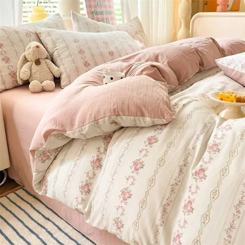 e7b9b781-62e3-4827-925f-f18b6a158646.webp Pink Floral Duvet Cover Cotton Comforter Cover Set Girls Sheet case Soft No Filling Warm Bed Linen Twin Full Size Bedding - Image 1